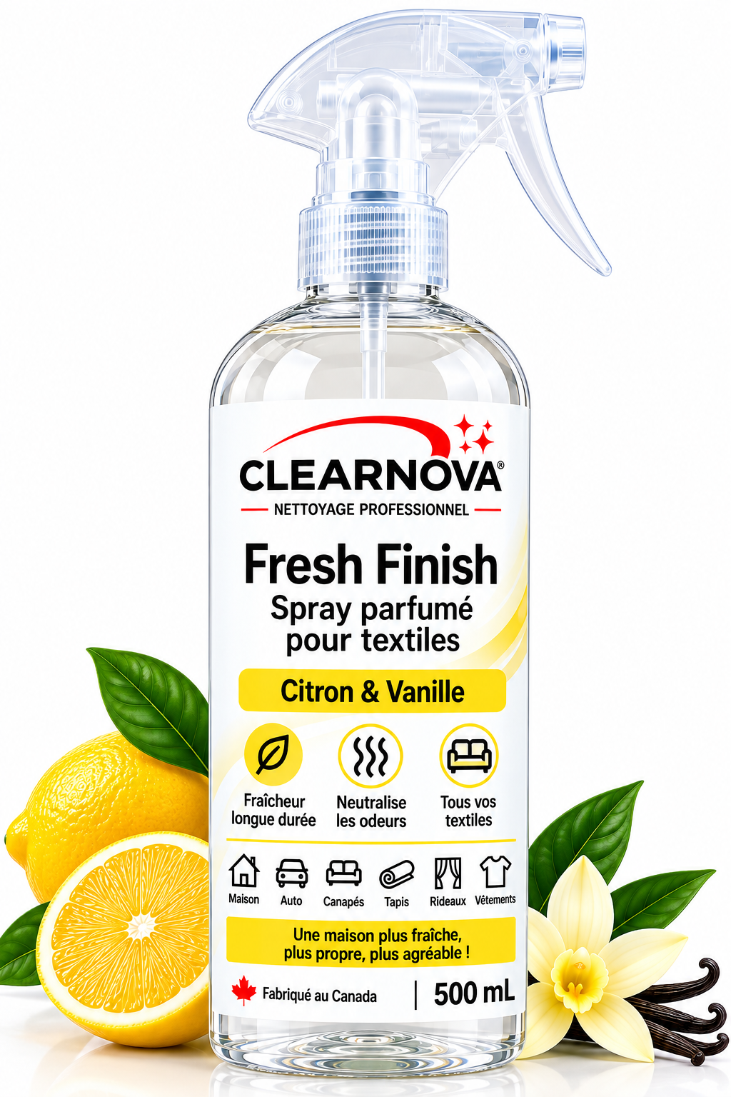 ClearNova Fresh Finish – Spray parfumé pour textiles – Citron & Vanille