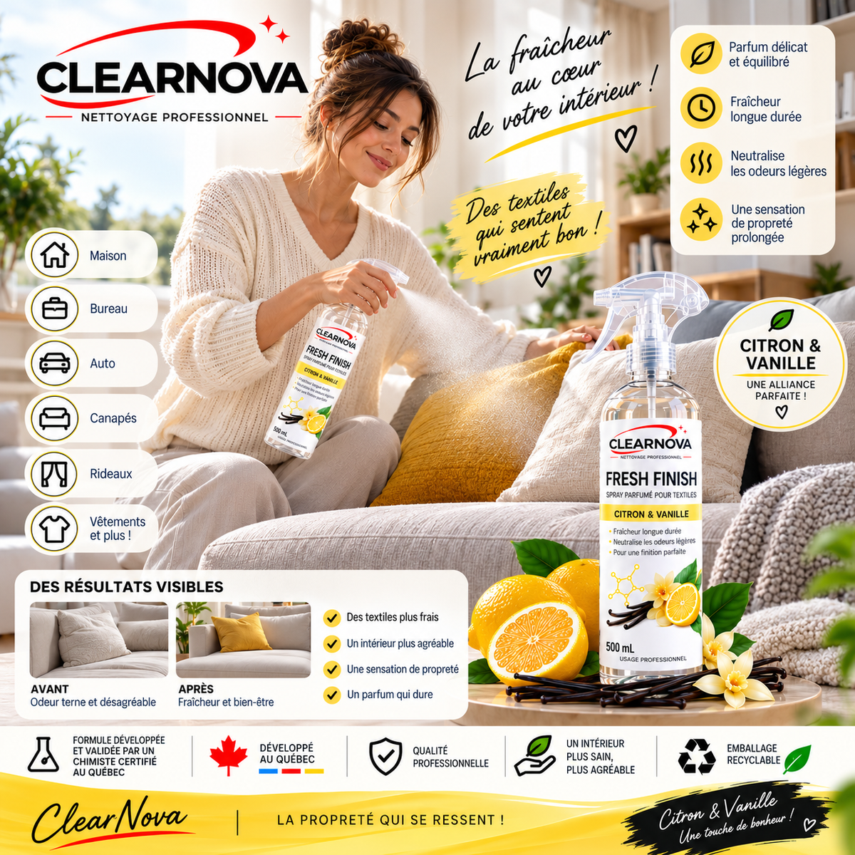 ClearNova Fresh Finish – Spray parfumé pour textiles – Citron & Vanille