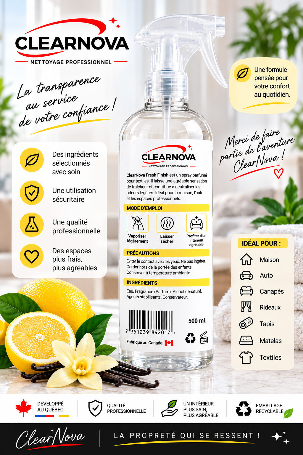 ClearNova Fresh Finish – Spray parfumé pour textiles – Citron & Vanille