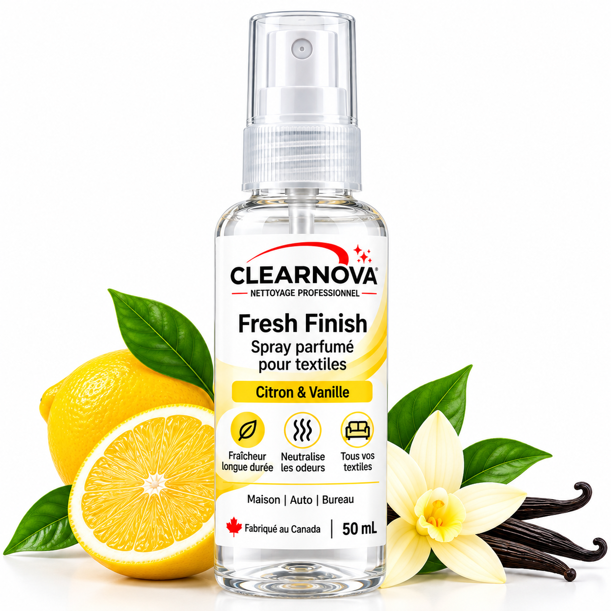 ClearNova Fresh Finish – Spray parfumé pour textiles – Citron & Vanille